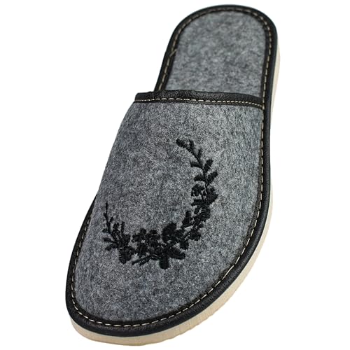 APREGGIO - Damen Hausschuhe Filz - Bequeme Slippers Mit Gummisohle - Indoor-Schuhe - Grau & Schwarz - Größe 38 EU von APREGGIO