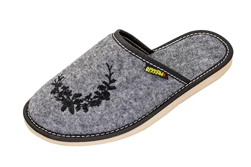 APREGGIO - Damen Hausschuhe Filz - Bequeme Slippers Mit Gummisohle - Indoor-Schuhe - Grau & Schwarz - Größe 37 EU von APREGGIO