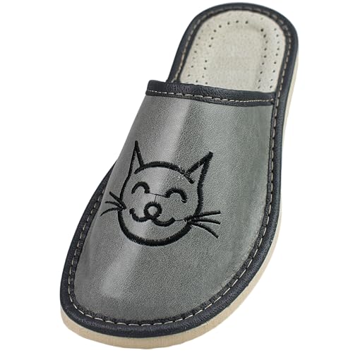 APREGGIO - Damen Hausschuhe aus Glattleder - Geschlossene Fußspitze - Ganzjahres-Slipper - Handgefertigt - Zum Hineinschlüpfen - Zarte Keilsohle - Grau&Schwarz - Größe 38 EU von APREGGIO