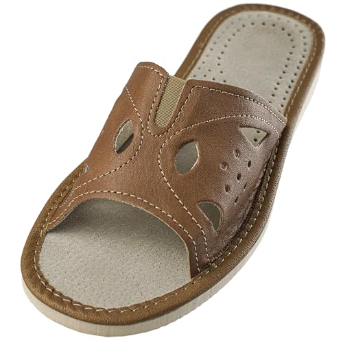 APREGGIO - Damen Hausschuhe aus Glattleder - Offene Spitze - Hüttenschuhe für Sommer - 100% Naturprodukt - Handgefertigt - Zum Hineinschlüpfen - Zarte Keilsohle - Braun - Größe 36 EU von APREGGIO