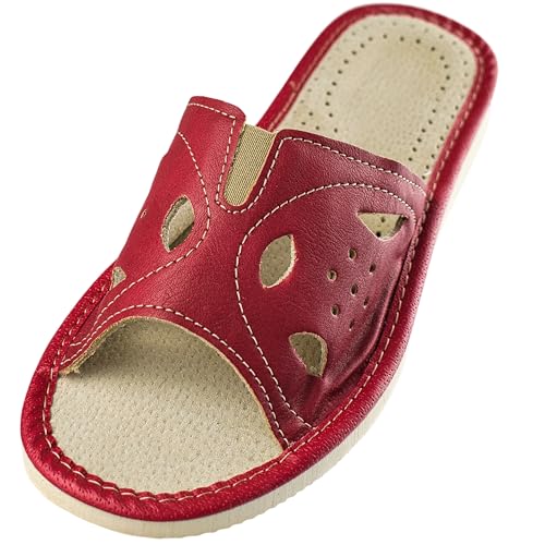 APREGGIO - Damen Hausschuhe aus Glattleder - Offene Spitze - Hüttenschuhe für Sommer - 100% Naturprodukt - Handgefertigt - Zum Hineinschlüpfen - Zarte Keilsohle - Rot - Größe 38 EU von APREGGIO