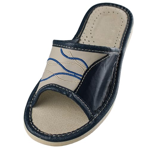 APREGGIO - Damen Hausschuhe aus Glattleder - Offene Spitze - Hüttenschuhe für Sommer - Slippers damen - Handgefertigt - Blau - Größe 40 EU von APREGGIO