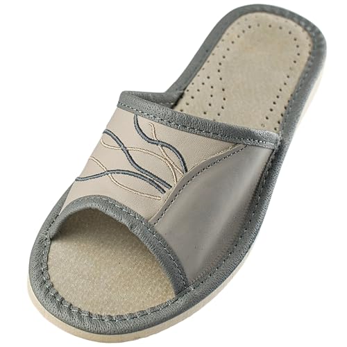 APREGGIO - Damen Hausschuhe aus Glattleder - Offene Spitze - Hüttenschuhe für Sommer - Slippers damen - Handgefertigt - Grau - Größe 39 EU APREGGIO - Damen Hausschuhe aus Glattleder - Offene Spitze - Hüttenschuhe für Sommer - Slippers damen - Handgefertigt - Grau - Größe 39 EU von APREGGIO