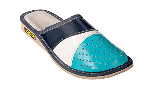 APREGGIO Hausschuhe Damen Leder 41 Größe Blau - Pantoffeln Gummisohle von APREGGIO