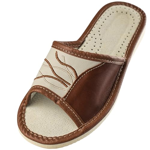 APREGGIO - Damen Hausschuhe aus Glattleder - Offene Spitze - Hüttenschuhe für Sommer - Slippers damen - Handgefertigt - Braun - Größe 38 EU von APREGGIO