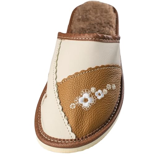 APREGGIO Hausschuhe Damen Leder – Handgefertigt Damen Hausschuhe Wolle - Komfort Leder Hausschuhe Damen – Bequeme Pantoffeln Damen – Braun - Größe 41 von APREGGIO