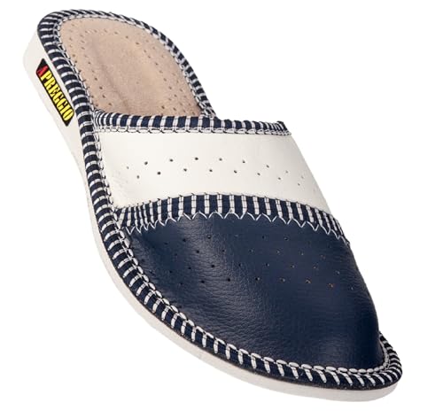 APREGGIO Damen Lederpantoffeln Bequeme Hartgummisohle – Latschen Hauspantoffeln Handgefertigt - Marineblau Größe 38 von APREGGIO