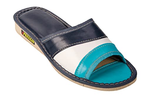 APREGGIO Hausschuhe Damen Leder 38 Größe Blau – Bequeme Leder Hausschuhe Damen - Damen Hausschuhe Leder - Komfort Pantoffeln Damen Gummisohle Fest – Handgefertigt Damenhausschuhe von APREGGIO