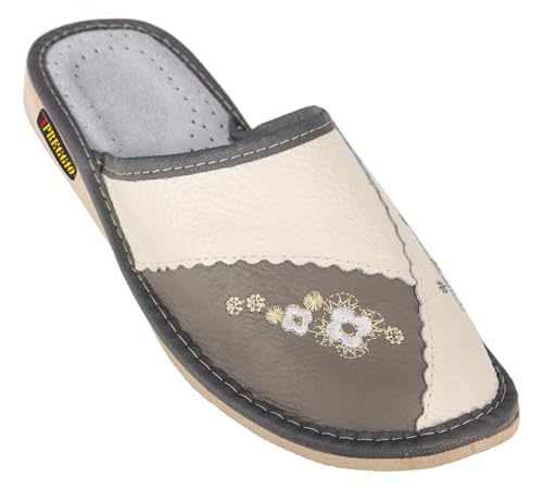 APREGGIO Damen Hausschuhe Leder - 38 Größe Aschgrau - Handgemachte Pantoffeln für Damen - Bequeme, Warme Hausschuhe aus Echtleder - Komfort Slipper für Zuhause von APREGGIO