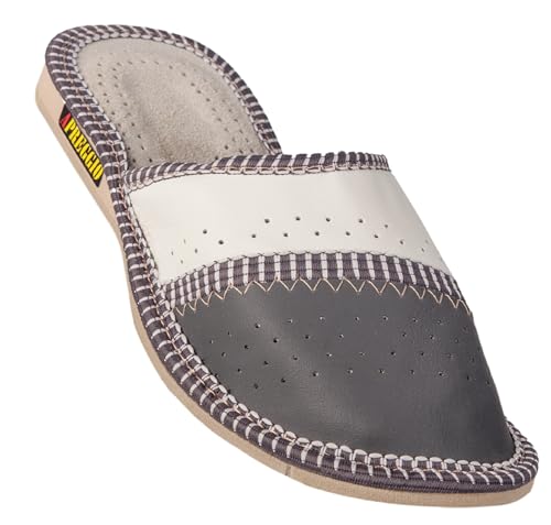 APREGGIO Damen Lederpantoffeln Bequeme Hartgummisohle – Latschen Hauspantoffeln Handgefertigt - Grau Größe 41 von APREGGIO
