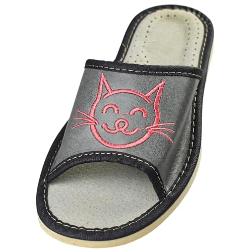 APREGGIO Hausschuhe Damen Leder 36 Größe Grau Pink – Handgefertigt Leder Slipper - Bequeme Pantoffeln - Damenhausschuhe Gummisohle Fest - Komfort Damen Hausschuhe Glattleder von APREGGIO