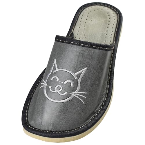 APREGGIO - Damen Hausschuhe aus Glattleder - Geschlossene Fußspitze - Ganzjahres-Slipper - Handgefertigt - Zum Hineinschlüpfen - Zarte Keilsohle - Grau&Weiß - Größe 39 EU von APREGGIO