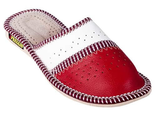 APREGGIO Damen Lederpantoffeln Bequeme Hartgummisohle – Latschen Hauspantoffeln Handgefertigt - Rot Größe 36 von APREGGIO