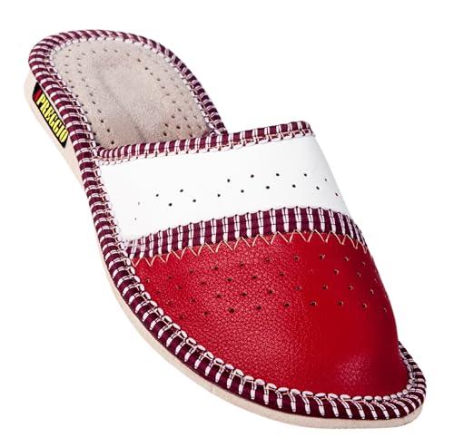 APREGGIO Damen Lederpantoffeln Bequeme Hartgummisohle – Latschen Hauspantoffeln Handgefertigt - Rot Größe 37 von APREGGIO