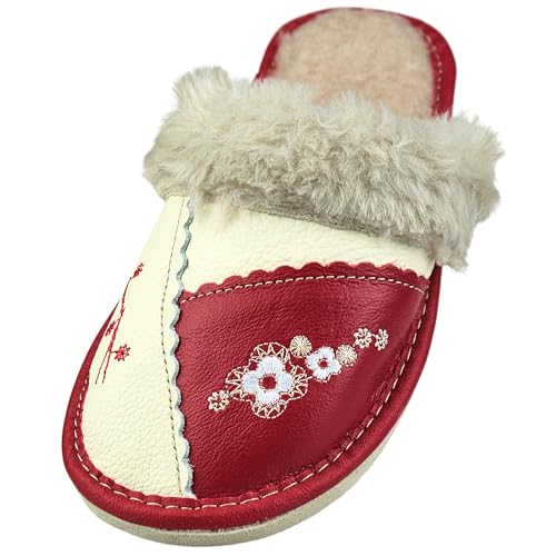 APREGGIO - Winterliche Damen Hausschuhe aus leder mit Fell und Blumenstickerei – Komfortabel und Warm - Rot - Größe 40 EU von APREGGIO