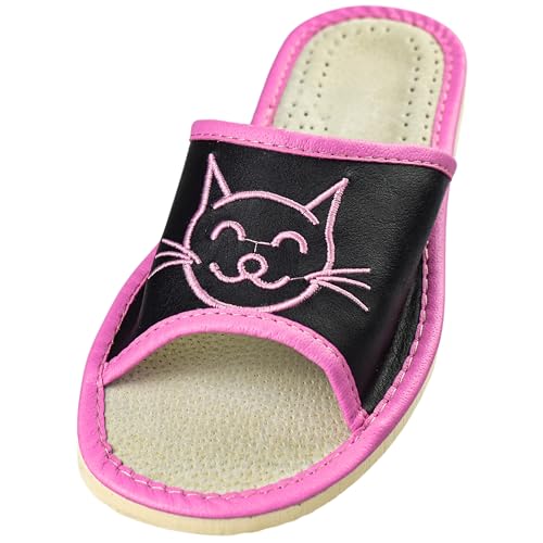 APREGGIO Hausschuhe Damen Leder 37 Größe Schwarz Pink – Handgefertigt Leder Slipper - Bequeme Pantoffeln - Damenhausschuhe Gummisohle Fest - Komfort Damen Hausschuhe Glattleder von APREGGIO