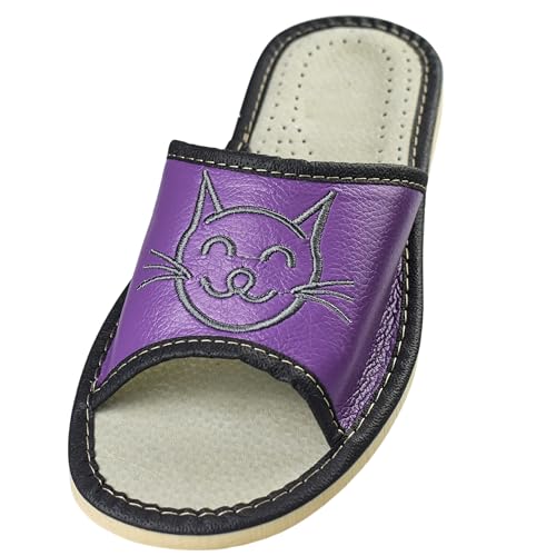 APREGGIO Hausschuhe Damen Leder 40 Größe Violett Grau – Handgefertigt Leder Slipper - Bequeme Pantoffeln - Damenhausschuhe Gummisohle Fest - Komfort Damen Hausschuhe Glattleder von APREGGIO
