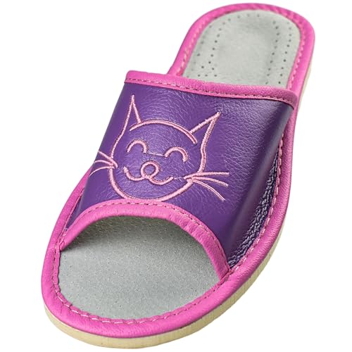 APREGGIO Hausschuhe Damen Leder 40 Größe Violett Pink – Handgefertigt Leder Slipper - Bequeme Pantoffeln - Damenhausschuhe Gummisohle Fest - Komfort Damen Hausschuhe Glattleder von APREGGIO
