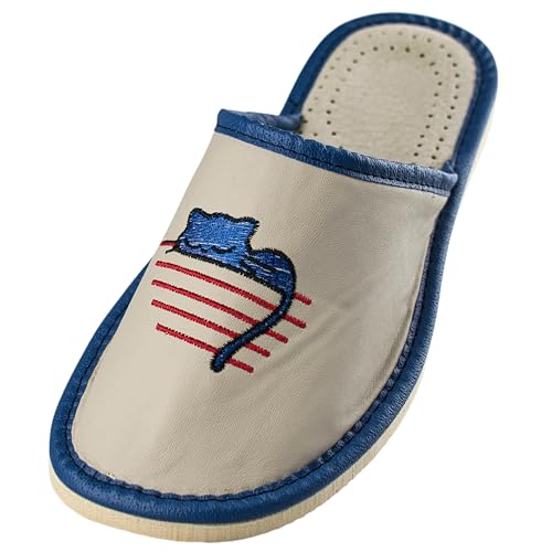 APREGGIO - Damen Hausschuhe aus Glattleder - Offene Spitze - Hüttenschuhe für Sommer - 100% Naturprodukt - Handgefertigt - Slippers Damen - Zarte Keilsohle - Katzenmotiv - Größe 37 EU von APREGGIO