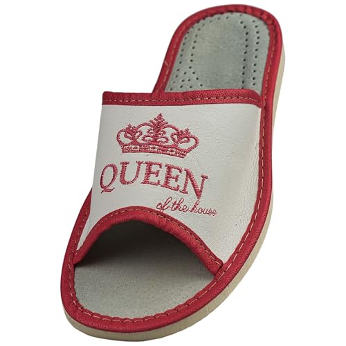 APREGGIO Hausschuhe Damen Leder 39 Größe Weiß Rot – Komfort Leder Hausschuhe Damen - Handgefertigt mit Stickerei – Bequeme Pantoffeln - Damenhausschuhe Gummisohle Fest von APREGGIO