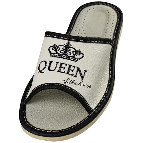 APREGGIO Hausschuhe Damen Leder 40 Größe Weiß Braun – Komfort Leder Hausschuhe Damen - Handgefertigt mit Stickerei – Bequeme Pantoffeln - Damenhausschuhe Gummisohle Fest von APREGGIO