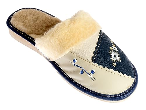 APREGGIO - Warme Damen Winter Hausschuhe aus Glattleder - Keilsohle - Wolle Isoliert - 100% Naturprodukt - Pantoffeln Geschlossen - Handgefertigt - Weiß und Marineblau - Größe 41 EU von APREGGIO