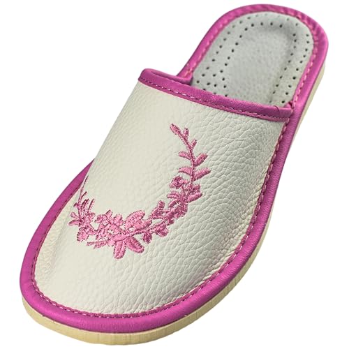 APREGGIO Leder Hausschuhe Damen 41 Größe Weiß Pink - Bequeme Handgefertigt Pantoffeln Mit Gummisohle Fest - Komfort Damenhausschuhe von APREGGIO