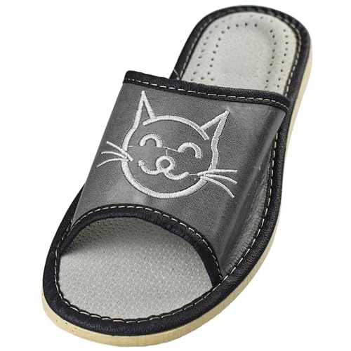 APREGGIO Hausschuhe Damen Leder 37 Größe Grau Weiß – Handgefertigt Leder Slipper - Bequeme Pantoffeln - Damenhausschuhe Gummisohle Fest - Komfort Damen Hausschuhe Glattleder von APREGGIO