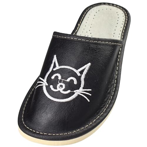APREGGIO - Hausschuhe Damen Leder - Feste Gummisohle - Schuhe für zu Hause - Mit einer Katze bestickt - Handgefertigt Pantoffeln Damen - Größe 37 - Schwarz Weiß von APREGGIO