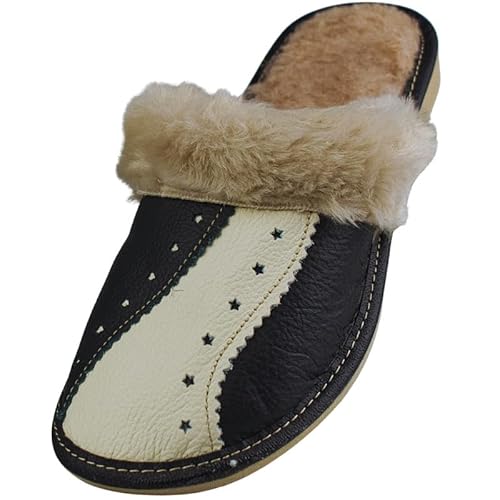 APREGGIO - Damen Hausschuhe aus Naturleder - Gefütterte Pantoffeln mit Lammwolle und Sternen-Design - Warme & rutschfeste Puschen für Zuhause - Größe 41 von APREGGIO