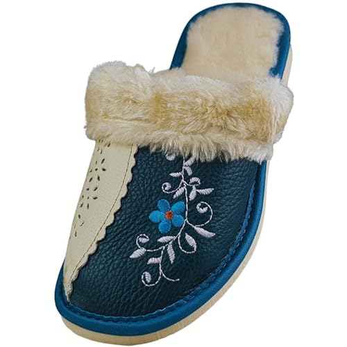 APREGGIO - Damen Hausschuhe aus Naturleder - Warme Pantoffeln mit Lammwolle-Futter, Stickerei und Perforation - Rutschfeste Sohle - Größe 38 von APREGGIO
