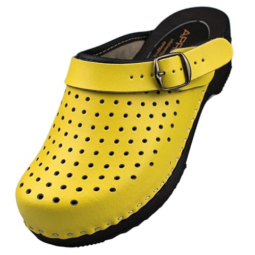 APREGGIO Damen Holz Clogs – Gelb Größe 37 - Bequeme Hausschuhe – Praktische Gartenclogs – Hochwertige Echtleder Holzschuhe von APREGGIO