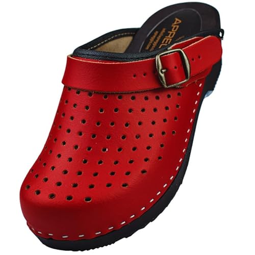 APREGGIO Damen Holz Clogs – Rot Größe 39 - Bequeme Hausschuhe – Praktische Gartenclogs – Hochwertige Echtleder Holzschuhe von APREGGIO