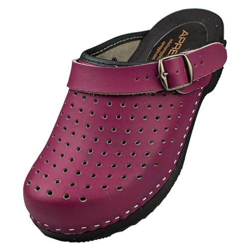 APREGGIO Damen Holz Clogs – Violett Größe 37 - Bequeme Hausschuhe – Praktische Gartenclogs – Hochwertige Echtleder Holzschuhe von APREGGIO