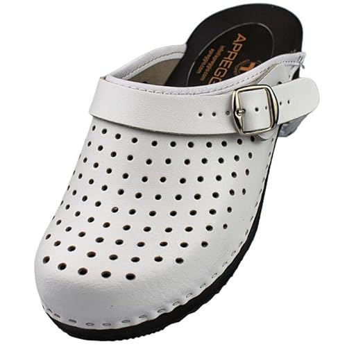 APREGGIO Damen Holz Clogs – Weiß Größe 41 - Bequeme Hausschuhe – Praktische Gartenclogs – Hochwertige Echtleder Holzschuhe APREGGIO Damen Holz Clogs – Weiß Größe 41 - Bequeme Hausschuhe – Praktische Gartenclogs – Hochwertige Echtleder Holzschuhe von APREGGIO