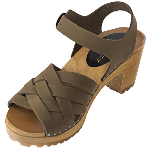 APREGGIO - Damen Clogs aus Leder mit Holzsohle – Hoher Absatz – Clog-Sandalen – Sommer geöffnet –Schwedische Stil - Schuhe Handgefertigt - Braun – Größe 40 EU von APREGGIO