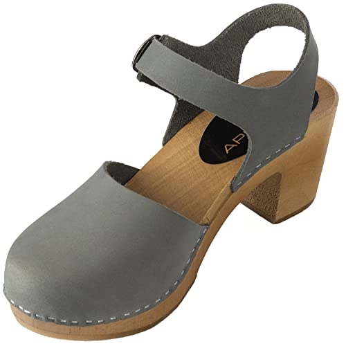 APREGGIO - Damen Clogs aus Leder mit Holzsohle – Hoher Absatz – Clog-Sandalen – Sommer geschlossene Finger –Schwedische Stil - Schuhe Handgefertigt - Grau – Größe 41 EU von APREGGIO