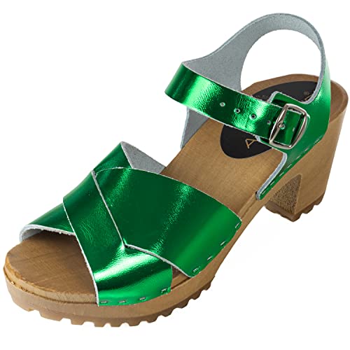 APREGGIO - Damen Clogs aus Leder mit Holzsohle – Hoher Absatz – Clog-Sandalen – Sommer geöffnet –Schwedische Stil - Schuhe Handgefertigt - Grün – Größe 37 EU von APREGGIO