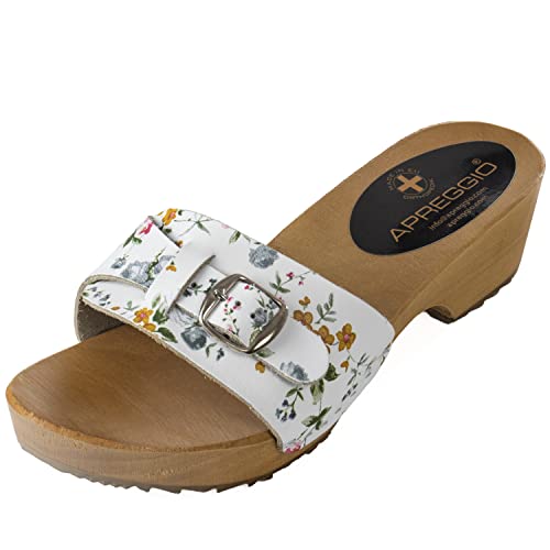 APREGGIO - Damen Clogs aus Leder mit Holzsohle – Hoher Absatz – Clog-Sandalen – Sommer geöffnet –Schwedische Stil - Schuhe Handgefertigt - Weiß mit bunten Blumen – Größe 37 EU von APREGGIO