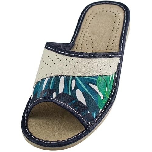 APREGGIO Damen Leder Hausschuhe – Pantoletten mit offener Spitze, Feder-Muster, rutschfeste Sohle, Sommer-Hausschuhe für Zuhause, Größe 39 von APREGGIO