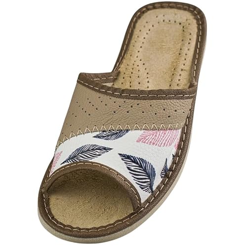 APREGGIO Damen Leder Hausschuhe – Pantoletten mit offener Spitze, Monstera-Blatt-Muster, rutschfeste Sohle, Sommer-Hausschuhe für Zuhause, Größe 39 von APREGGIO