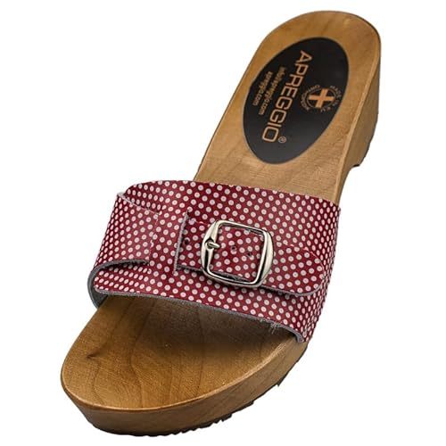 APREGGIO Damen Offene Clogs aus Leder - Handgefertigte Schwedische Holzschuhe - Rot 38 EU von APREGGIO