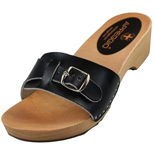 APREGGIO Damen Offene Clogs aus Leder - Handgefertigte Schwedische Holzschuhe - Schwarz 36 EU von APREGGIO