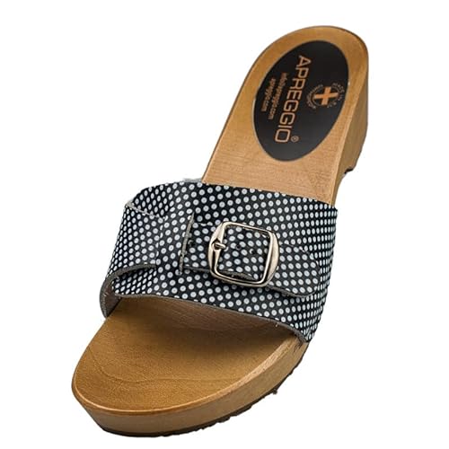 APREGGIO Damen Offene Clogs aus Leder - Handgefertigte Schwedische Holzschuhe - Schwarz mit Tupfen 36 EU von APREGGIO