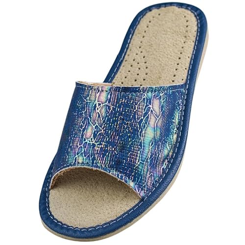 APREGGIO Damen Pantoletten – Bequeme Leder Optik Hausschuhe mit Holografischem Schlangenmuster 40 EU von APREGGIO