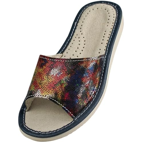 APREGGIO Damen Pantoletten Keilabsatz – Bequeme Leder Optik Hausschuhe mit buntem Muster 38 EU von APREGGIO