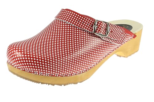 APREGGIO Handgefertigte Schwedische Holzclogs für Damen - Hochhackige Leder Pantoletten - Geschlossene Spitze - Rot - Größe 36 EU von APREGGIO