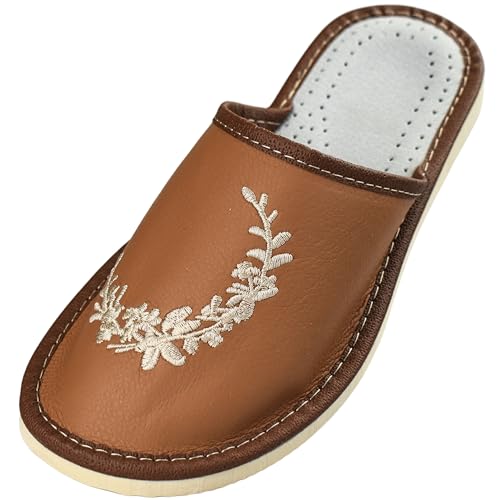 APREGGIO Leder Hausschuhe Damen 36 Größe Braun - Bequeme Handgefertigt Pantoffeln Mit Gummisohle Fest - Komfort Damenhausschuhe von APREGGIO