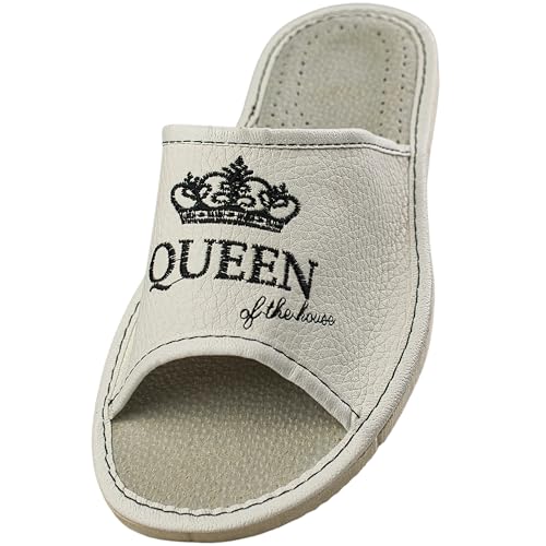 APREGGIO Hausschuhe Damen Leder 37 Größe Weiß – Komfort Leder Hausschuhe Damen - Handgefertigt mit Stickerei – Bequeme Pantoffeln - Damenhausschuhe Gummisohle Fest von APREGGIO