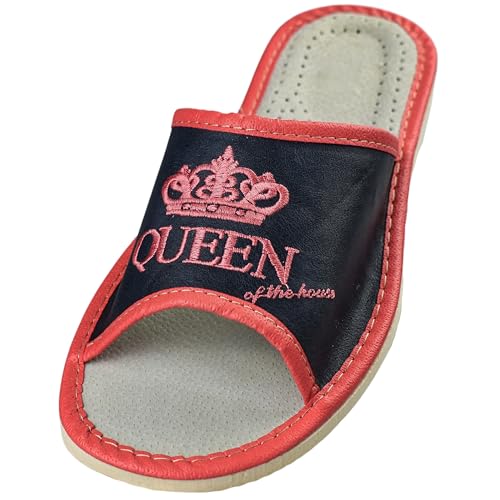 APREGGIO Hausschuhe Damen Leder 39 Größe Blau Rot – Komfort Leder Hausschuhe Damen - Handgefertigt mit Stickerei – Bequeme Pantoffeln - Damenhausschuhe Gummisohle Fest von APREGGIO